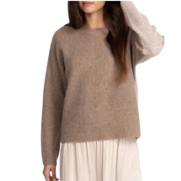 JOHNNY WAS CALME 100% Cashmere NEW Color Block Waffle Sweater Taupe Tan Size L